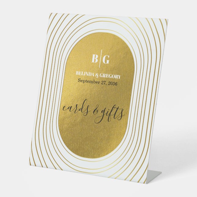 White & Gold Modern Arch Wedding Cards & Gifts Sockelschild (Vorderseite)