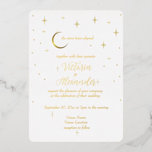 White Gold Modern Minimal Celestial Folieneinladung (Vorderseite)