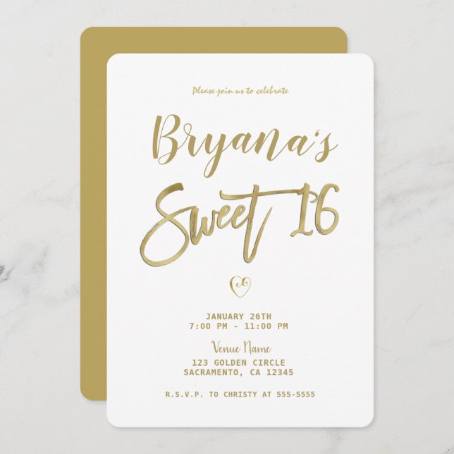 White & Gold Moderne Minimal Chic Sweet 16 Einladung (Vorne/Hinten)