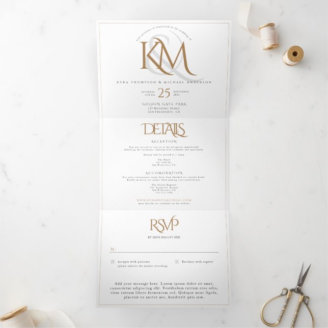 White Gold Monogram Modern in einer Hochzeit Dreifach Gefaltete Einladung (Innenseite)