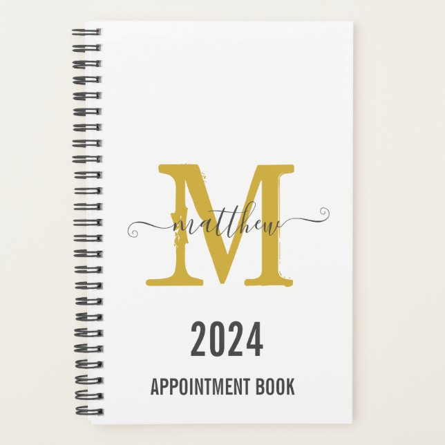 White & Gold Monogram Script-Terminierungsbuch Planer (Vorderseite)