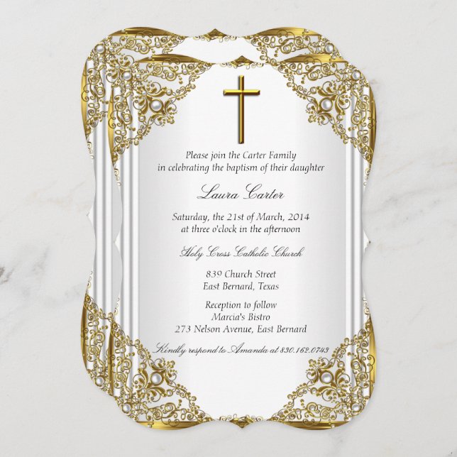 White Gold Pearl Damask Cross Taufen Christening Einladung (Vorne/Hinten)