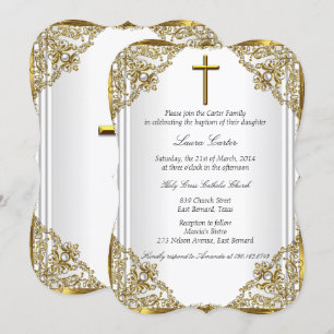 White Gold Pearl Damask Cross Taufen Christening Einladung