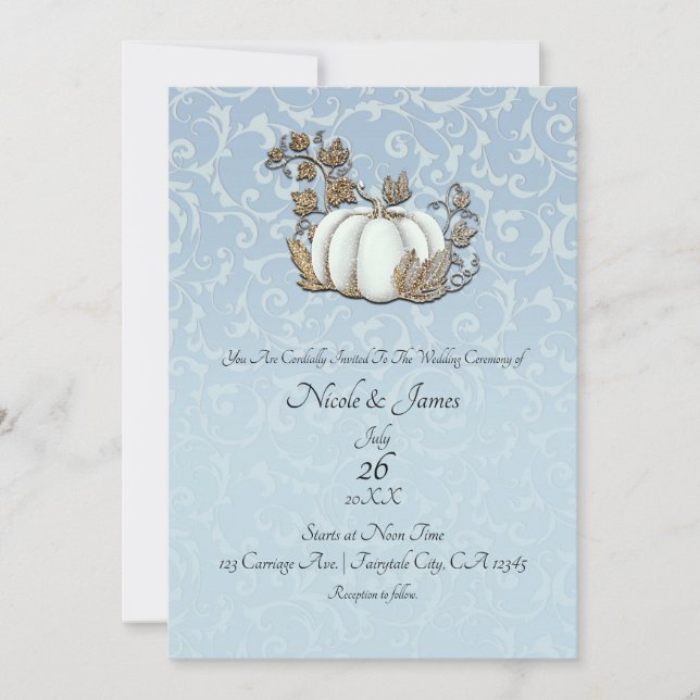 White & Gold Pumpkin Blue Gray Aschenputtel Weddin Einladung (Vorderseite)