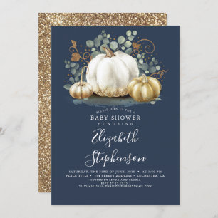White Gold Pumpkins Navy Blue Fall Baby Dusche Einladung