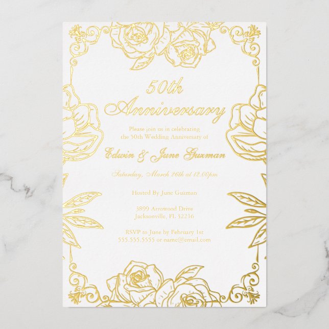 White Gold Rose Garden 50. Hochzeitstag Folieneinladung (Vorderseite)