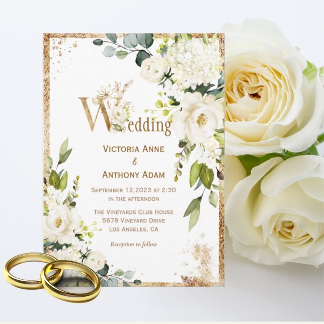 White Gold Rustic Floral Wedding Einladung (Von Creator hochgeladen)