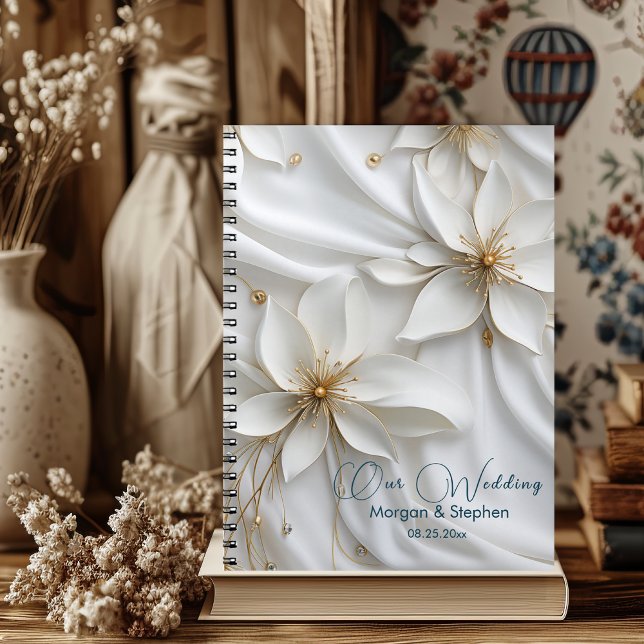 White & Gold Satin Floral Wedding Planner Notebook Notizblock (Von Creator hochgeladen)