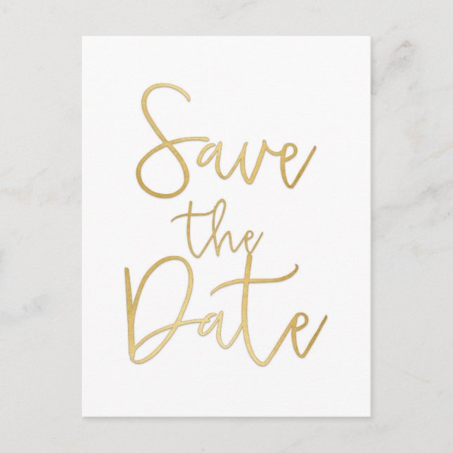 White & Gold SAVE THE DATE Moderne Script Postcard Ankündigungspostkarte (Vorderseite)