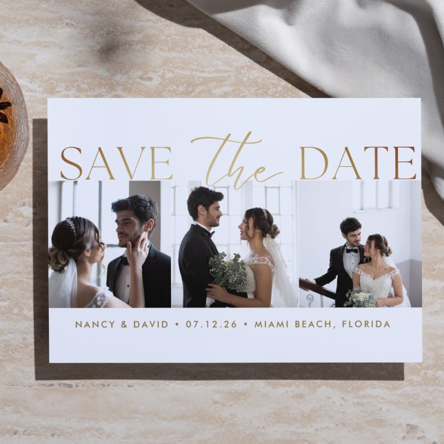 White Gold Script 3 photo Collage wedding  Save The Date (Von Creator hochgeladen)