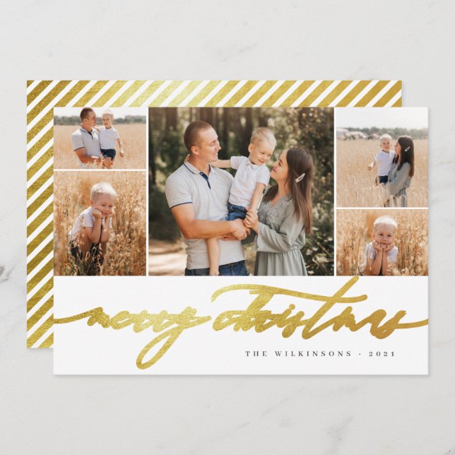 White Gold Script 5 Foto Collage Frohe Weihnachten (Vorne/Hinten)