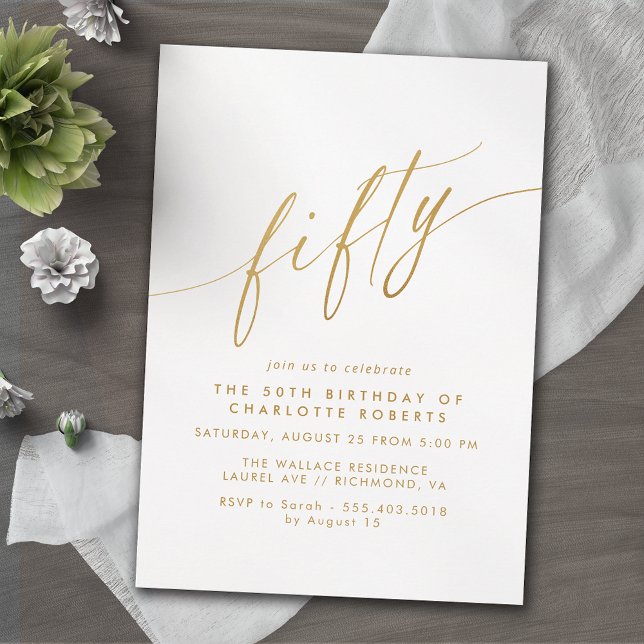 White & Gold Script | Delicate Luxe 50. Geburtstag Einladung (Von Creator hochgeladen)
