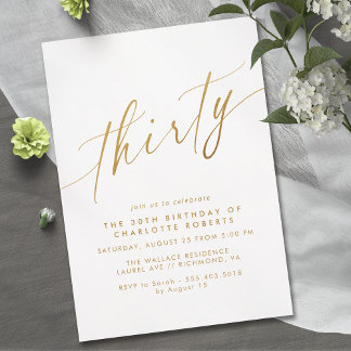 White & Gold Script | Einfaches Elegant 30. Geburt Einladung