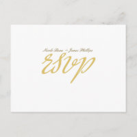 White & Gold Script Wedding RSVP Postcard