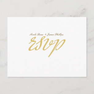 White & Gold Script Wedding RSVP Postcard Einladungspostkarte