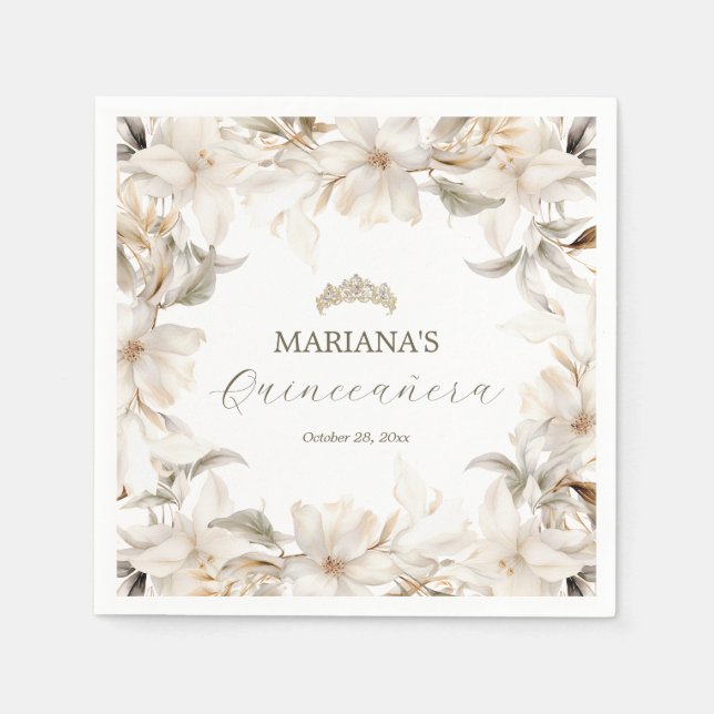 White Gold Silver Winter Florals Quinceañera Serviette (Vorderseite)