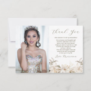 White Gold Silver Winter Foto Florals Quinceañera Dankeskarte