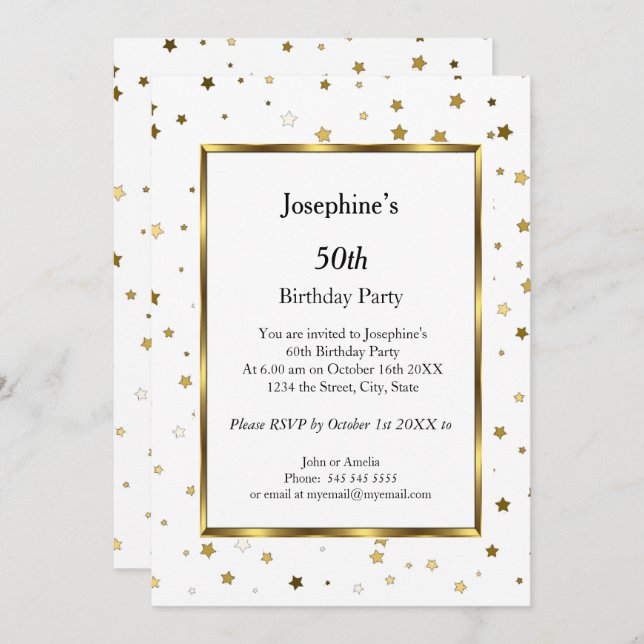 White Gold Stars 50. Geburtstagsparty Einladung (Vorne/Hinten)