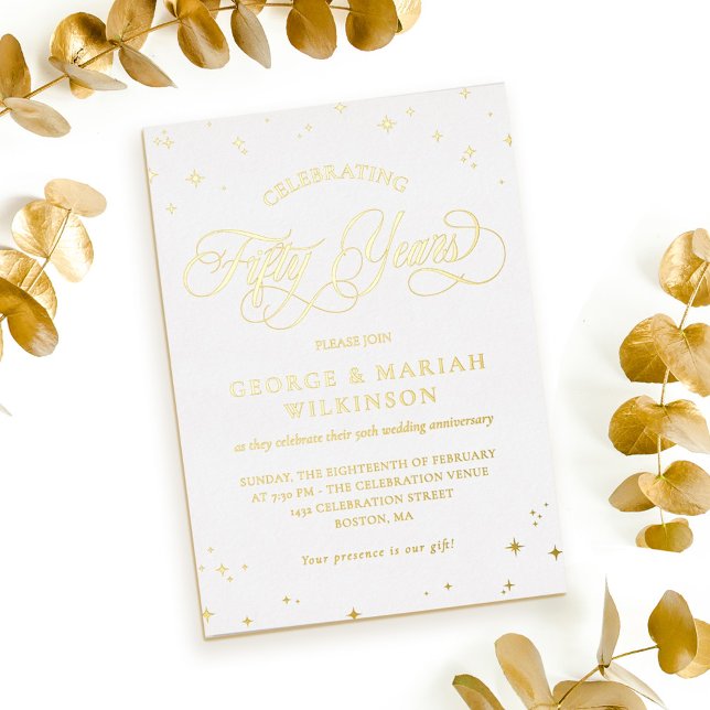 White Gold Stars 50. Hochzeitstag Folieneinladung (Von Creator hochgeladen)