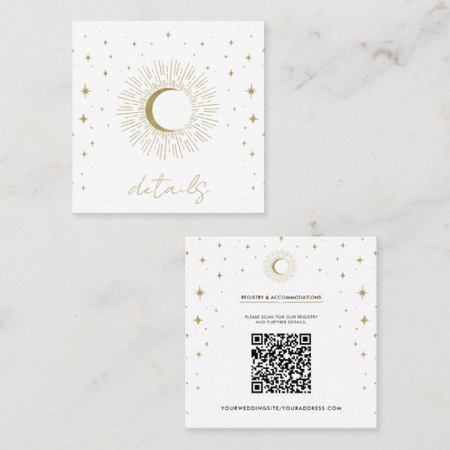 White & Gold Stars Celestial Sunburst Moon Wedding Quadratische Visitenkarte (Vorne/Hinten)