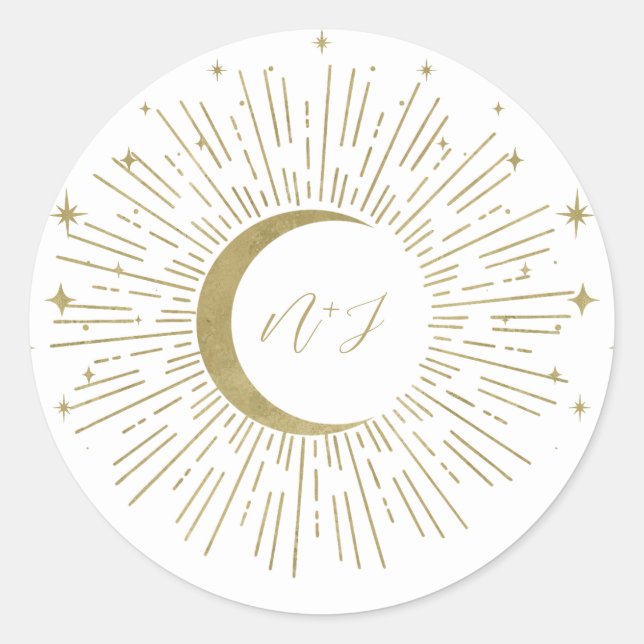 White & Gold Stars Celestial Sunburst Moon Wedding Runder Aufkleber (Vorderseite)