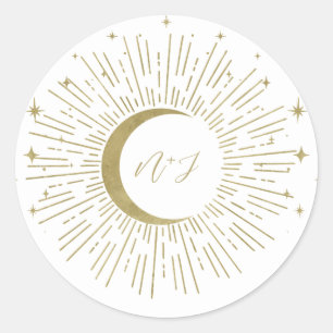 White & Gold Stars Celestial Sunburst Moon Wedding Runder Aufkleber