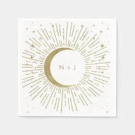 White & Gold Stars Celestial Sunburst Moon Wedding Serviette