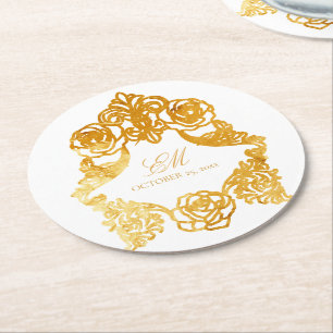 White & Gold Vintages Monogram Wappen Hochzeitslog Runder Pappuntersetzer