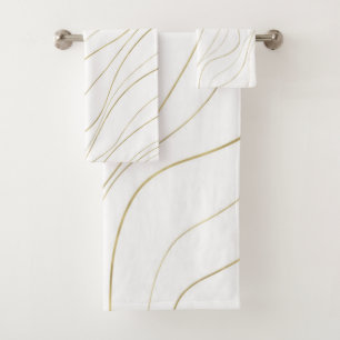 White & Gold Wavy Lines Modernes Glam Badhandtuch Set