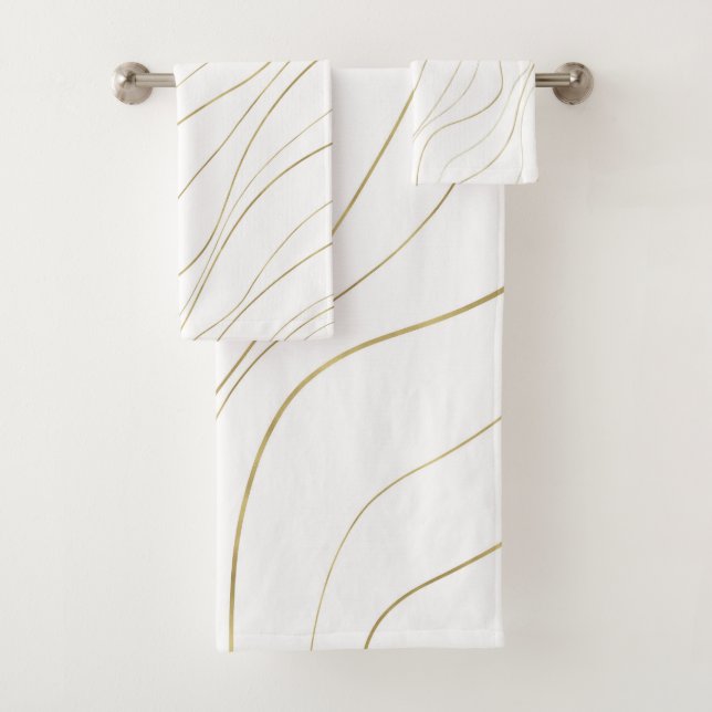 White & Gold Wavy Lines Modernes Glam Badhandtuch Set (Insitu)