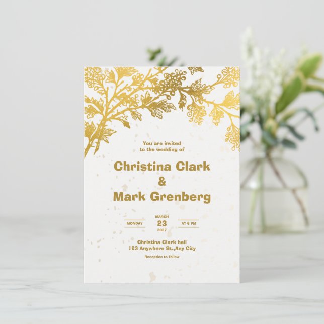 White Golden Modern Wedding Einladung (Stehend Vorderseite)