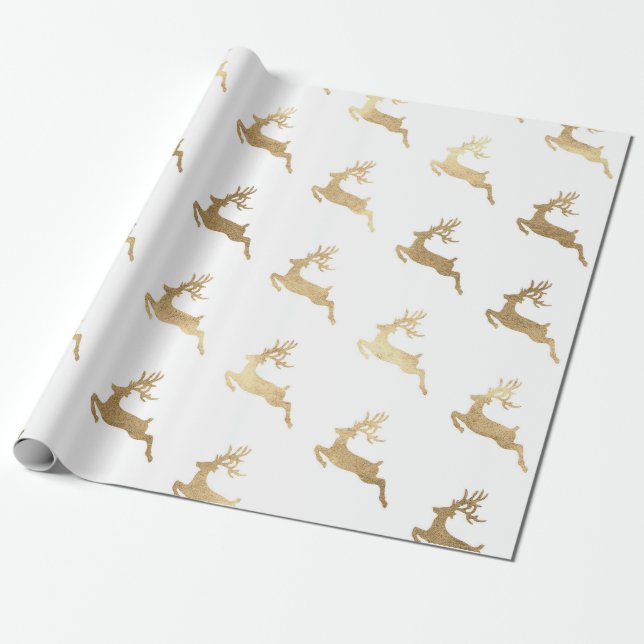 White Golden Rentier Geschenkpapier (Ungerollt)