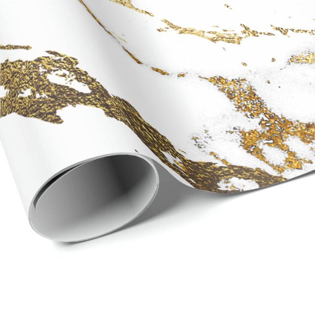 White Golden Stroke Marble Shiny Glam Abstrakt VIP Geschenkpapier (Rolleneckpunkt)