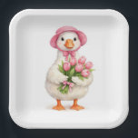 White Goose Holding Pink Tulip Bouquet Pappteller<br><div class="desc">A charming white goose wearing a pink bonnet and holding a bouquet of pink tulips tied with a pink bow,  all beautifully designed in a watercolor effect on a white background</div>