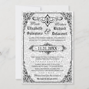 White Gothic Viktorianisch Damask Hochzeitsreisen Einladung