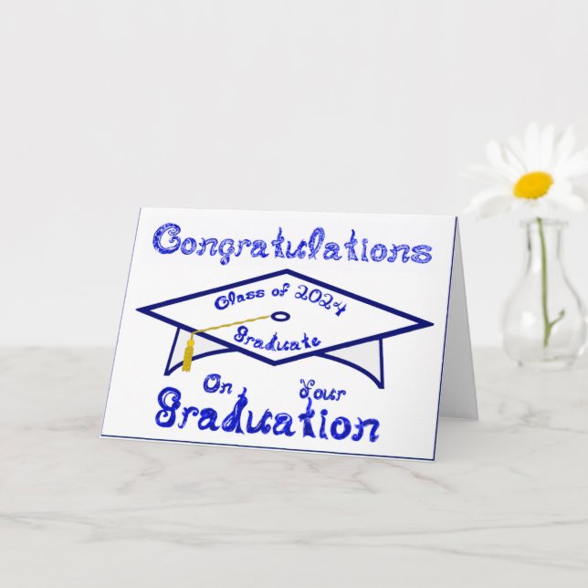 White Graduation Cap Blue Graduate Class 2024 Hat Karte (Kleine Pflanze)