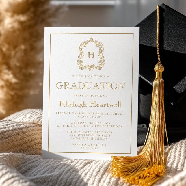 White Graduation Party für das Gold Monogram Wappe Einladung (Von Creator hochgeladen)