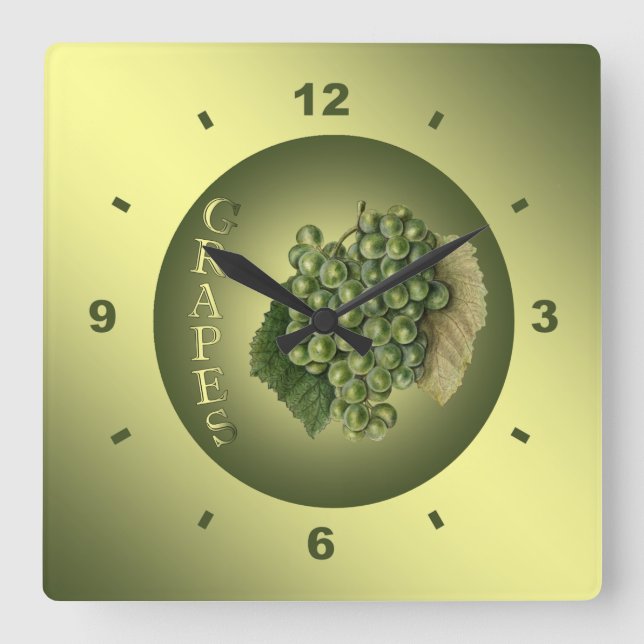 White Grapes ~ Botanical Clock ~ Kitchen ~ Quadratische Wanduhr (Vorderseite)
