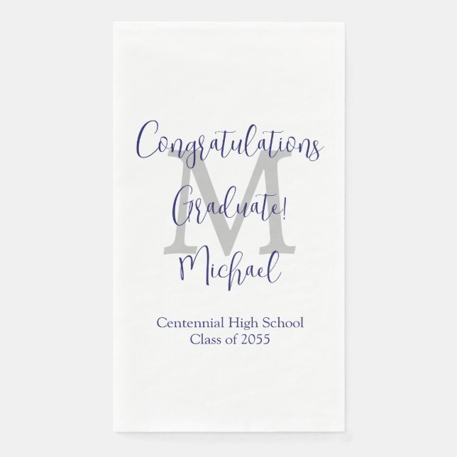 White Gray Blue Mit Monogramm Graduation Party Serviette (Vorderseite)