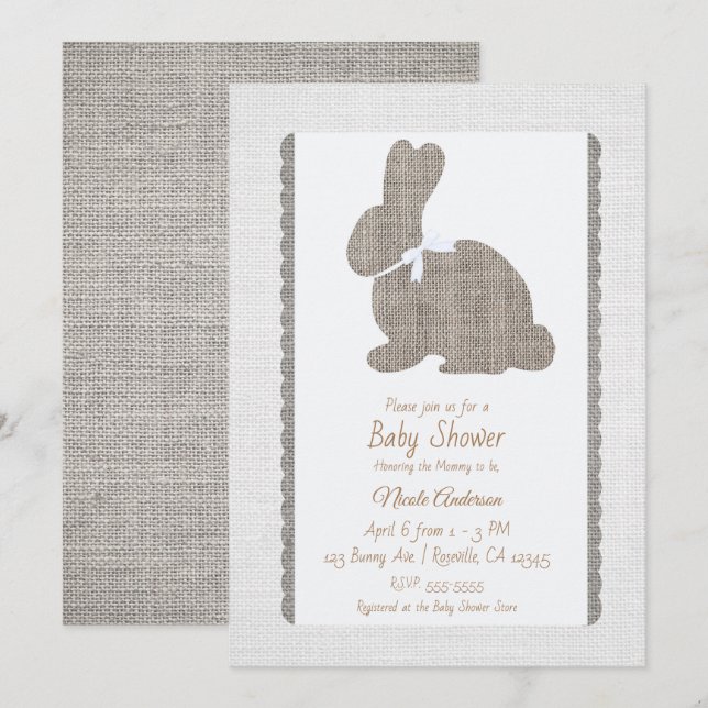 White Gray Burlap Rustic Bunny Oaster Baby Dusche Einladung (Vorne/Hinten)