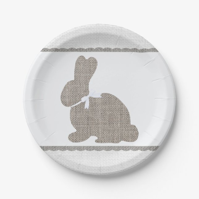 White Gray Burlap Rustic Bunny Oaster Baby Dusche Pappteller (Vorderseite)