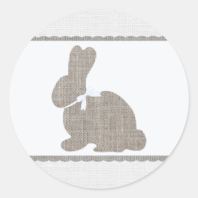 White Gray Burlap Rustic Bunny Oaster Baby Dusche Runder Aufkleber (Vorderseite)