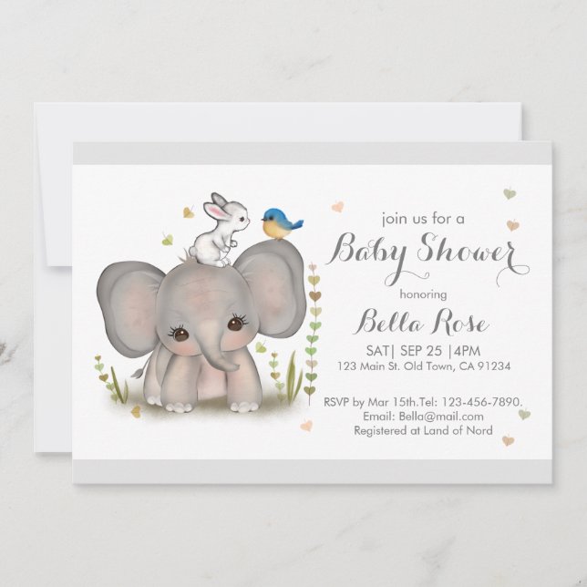 White Gray Elephant Bunny Baby Dusche Einladung (Vorderseite)