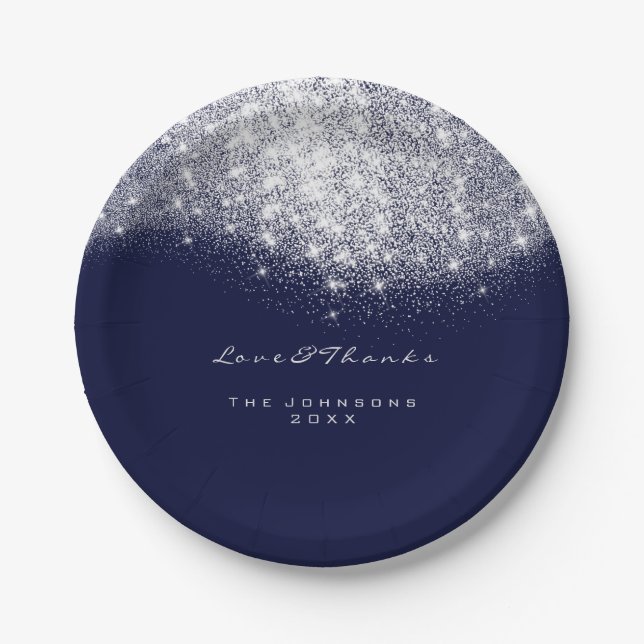 White Gray Glitzer Birthday Blue Navy 16. Hochzeit Pappteller (Vorderseite)