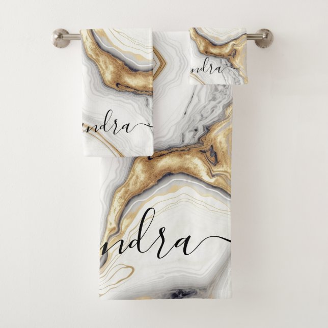 White Gray Gold Marmor Elegante Modernes Glam Badhandtuch Set (Insitu)