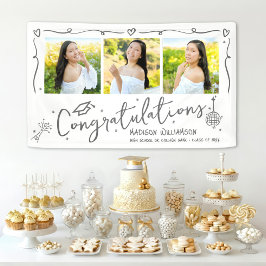 White Gray Hand Drawn Doodles Graduation 3 Photo Banner