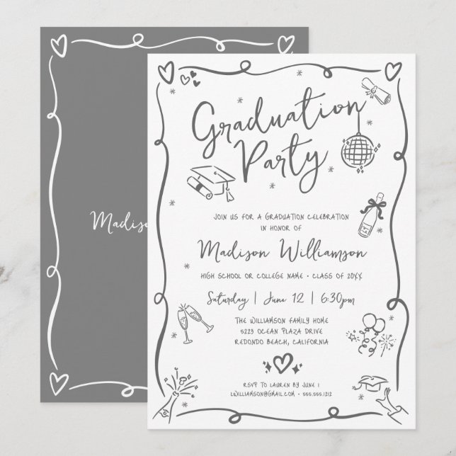 White Gray Hand Drawn Doodles Graduation Fun Party Einladung (Vorne/Hinten)