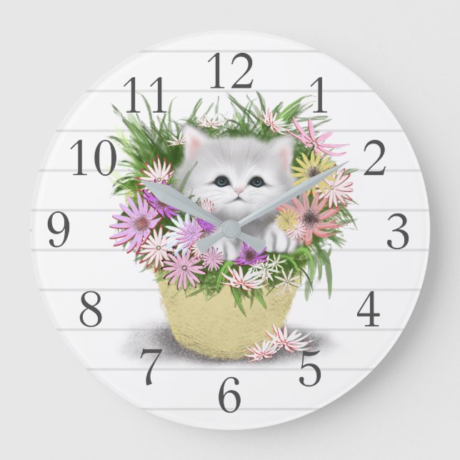 White Gray Kitten Wall Clock Große Wanduhr (Vorderseite)