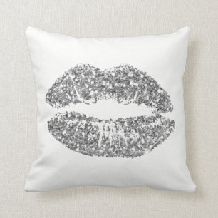 White Gray Silver Glitzer Kiss Lips Funkelnd Kissen