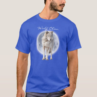 White Gray Wolf & Full Moon WOLF CLAN Wildlife Art T-Shirt